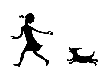 Girl playing ball with a dog. Vector black silhouette image.のイラスト素材