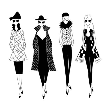 Fashion women in checkered dress. Drawing outline model set.のイラスト素材