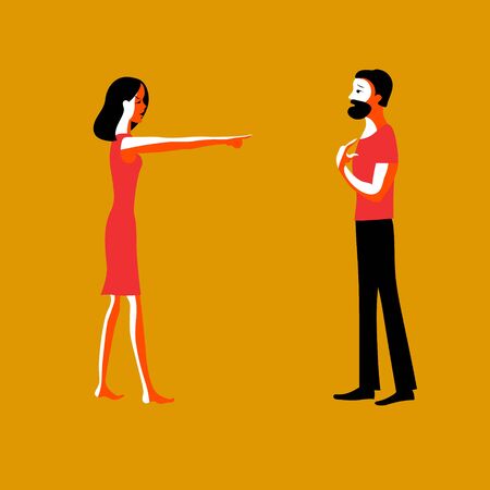 Angry woman pointing finger at confused man. Charge. Vector color image.のイラスト素材