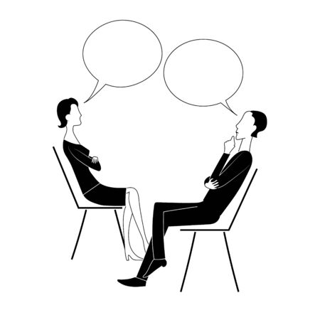 Man and woman sit on chairs and think with bubbles. Black and white vector illustration.のイラスト素材