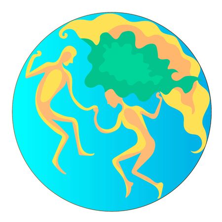 Planet Earth drawing with woman and man silhouettes. Psychological and ecological vector color cartoon image.のイラスト素材