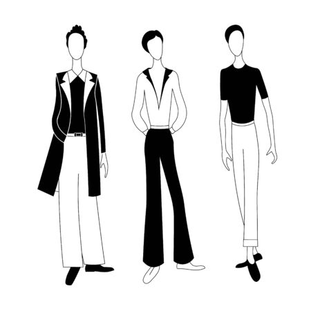 Three fashionable male models. Vector black and white silhouette image set.のイラスト素材