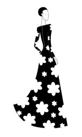 Woman with high hairstyle in long dress embroidered with white flowers. Vector black and white image.のイラスト素材