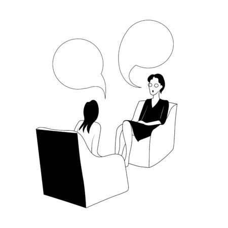 Two women sit on chairs and talk with bubbles. Black and white vector illustration.のイラスト素材
