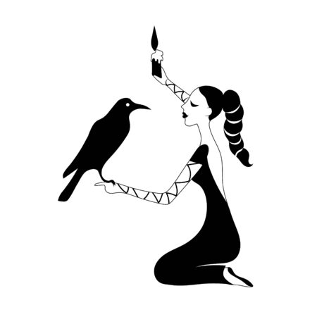 Woman with crow and candle guesses . Vector outline drawing image.のイラスト素材