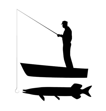 Old man is fishing pike on boat. Vector silhouette illustration.のイラスト素材