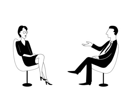 Woman and man are talking. Vector black outline image.のイラスト素材