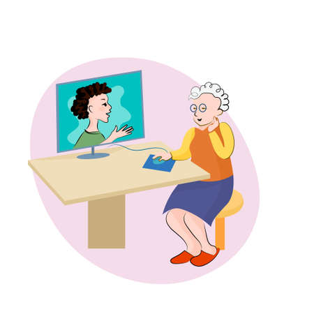 Grandmother and grandson teen are talking with Internet connection. Vector cartoon image.のイラスト素材