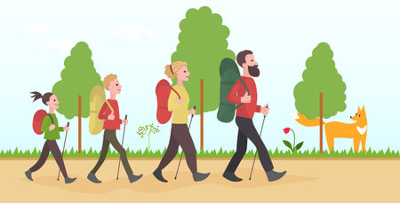 Family go camping with backpacks. Tourism. Vector cartoon illustration.のイラスト素材