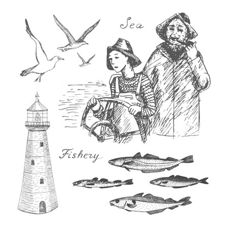 North codfish fishery. Hand drawn black realistic outline vector illustration.のイラスト素材