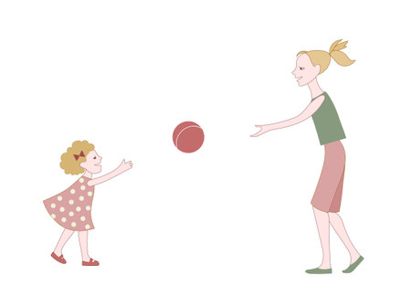 Mom and daughter play ball. Vector color illustration.のイラスト素材