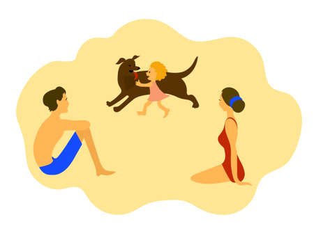 Parents on beach and little daughter with brown dog. Vector color image.のイラスト素材