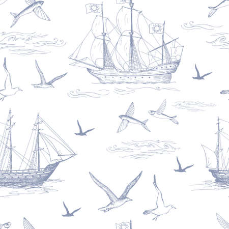 Nautical pattern. Hand drawn realistic outline vector illustration.のイラスト素材