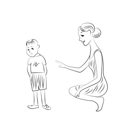 Sad a child and mumnd hurt, mother comforts him, sitting next . Vector black and white line image.のイラスト素材