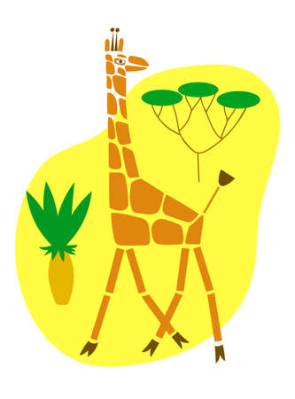 Giraffe and savanna trees on yellow background. Vector color illustration.のイラスト素材