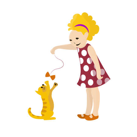 Girl play with kitten. Vector color illustration.のイラスト素材