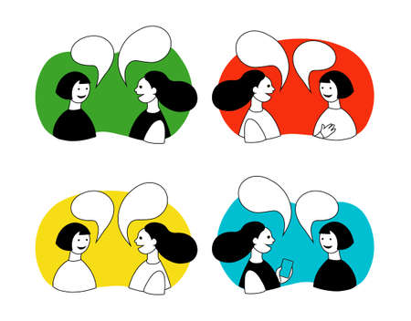 Two cute girls talking. Color vector illustration set.のイラスト素材