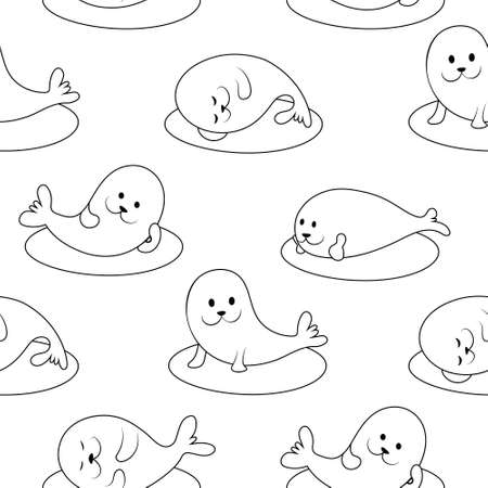 Seals. Outline cute characters black vector seamless pattern.のイラスト素材
