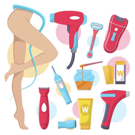 Hair removal equipment for women. Electric epilator, shaver, shaving razor, waxing strips Vector cartoon flat icons for depilation isolateのイラスト素材