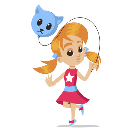 Young character portrait. Little girl with a balloon. Cute schoolgirl. Little kid. Cute little girl head character. Vector sketch cartoon illustration isolated on white background.のイラスト素材