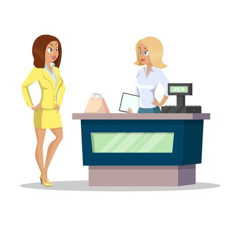 Young attractive girl shopping in a store. Modern girl. Discount concept. Smiling people, great design for any purposes. Happy female cashier. Sale concept on white background.のイラスト素材