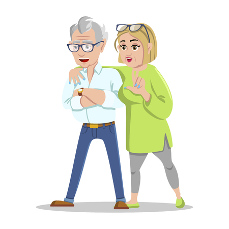 Meeting old friends. Group of cheerful senior people hipsters gathering and having fun. Concept happy family. Fashion grandfather and grandmother. Happy pensioners at retirement on white background.のイラスト素材