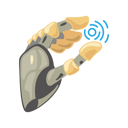 Robot hand. Mechanical technology machine engineering symbol. Hand gestures. Take sign. Energy between fingers. Artificial Intelligence futuristic design. Vector illustration on the white background.のイラスト素材