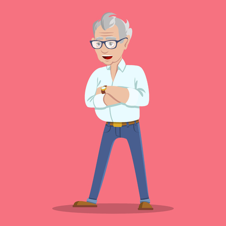 Portrait of grinning trendy elegant hipster grandpa. Wealthy flirt trendsetter hipster grandpa dressed in shirt and jeans. Happy old man on white background.のイラスト素材