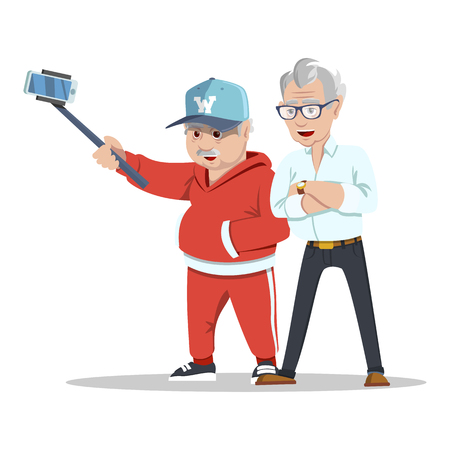 Meeting old friends. Group of cheerful senior people hipsters gathering and having fun. Senior people taking selfie photo with stick. Fashion grandfathers. Pensioners at retirement on white backgroundのイラスト素材