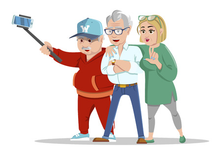 Set of cheerful senior people hipsters gathering and having fun. Group of senior people taking selfie photo with stick. Grandfathers and grandmother. Pensioners at retirement on white background.のイラスト素材