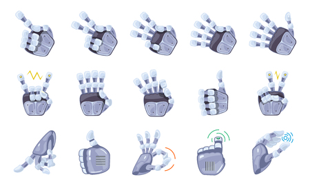 Robot hand gestures. Robotic hands. Mechanical technology machine engineering symbol. Hand gestures set. Futuristic design. Big robot arm. Signs. Vector illustration on the white background.のイラスト素材