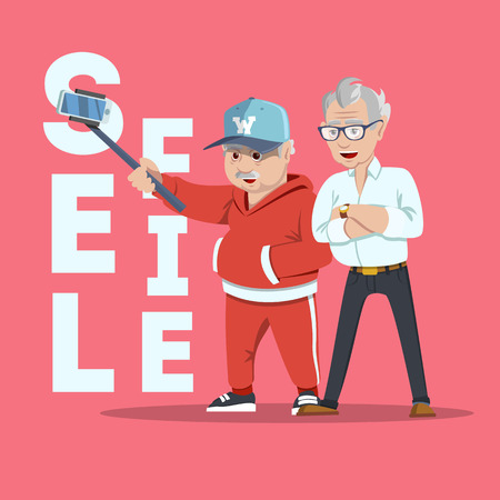 Meeting old friends. Group of cheerful senior people hipsters gathering and having fun. Senior people taking selfie photo with stick. Fashion grandfathers. Pensioners at retirement on white backgroundのイラスト素材