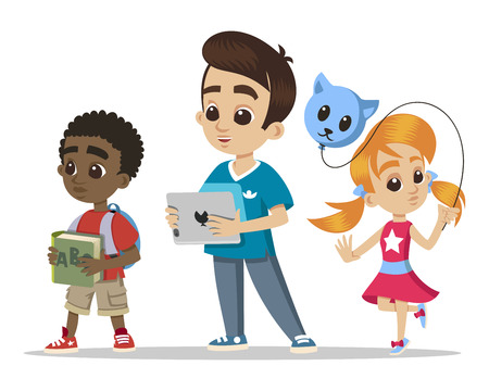 Group of small children. Young characters portrait. Little girl with a balloon. Happy boy cartoon with tablet. African little boy. Cute little children's heads characters. Vector.のイラスト素材