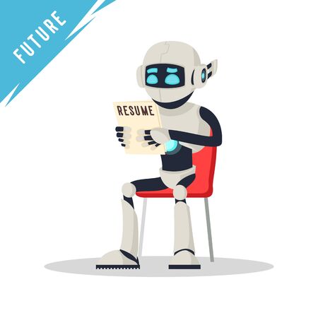 Humanoid robot sitting on chair, holding resume and waiting job interview. Modern technology and artificial intelligence in office. Android, bot recruitment. Vector cartoon isolated on white.のイラスト素材