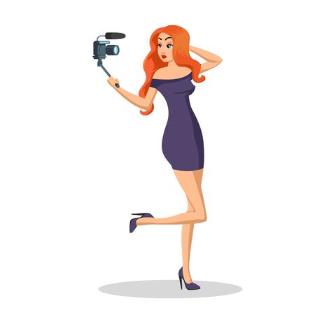Young redheaded woman looking at camera with gimbal. Pretty young woman is filming new episode for her subscribers. Vlogging, blogging, social media concept. Vector cartoon isolated on white.のイラスト素材