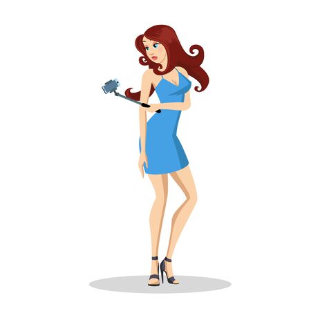 Brunette girl in blue mini dress taking selfie. Beautiful young woman with long hair standing and recording fashion vlog, live tutorial video, webinar on smartphone. Vector cartoon isolated on white.のイラスト素材