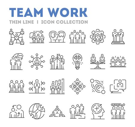 Big set of thin line icons related with human resources management isolated on white. Outline team work pictograms collection. Partnership, cooperation logos. Vector elements for infographic, web.のイラスト素材