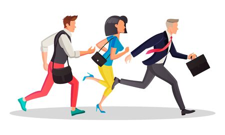 Students and business people running in the same direction to work, meeting in morning. People are late and hurry up. Motivation, competition, deadline, sale concept. Vector cartoon isolated on white.のイラスト素材