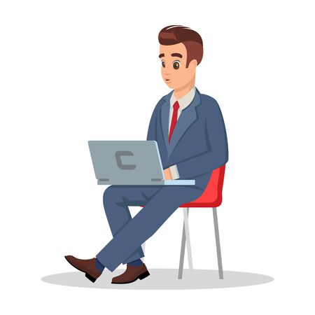 Successful businessman in formal costume sitting on chair with laptop. Handsome man looking at display during waiting meeting with boss, negotiation with new business partners. Vector cartoon on whiteのイラスト素材