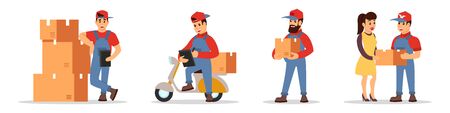 Loader standing near pile of cardboard boxes, motor scooter driver transporting parcels, courier carrying goods to client. Online delivery ordering, e-commerce concept. Cartoon vector set on white.のイラスト素材