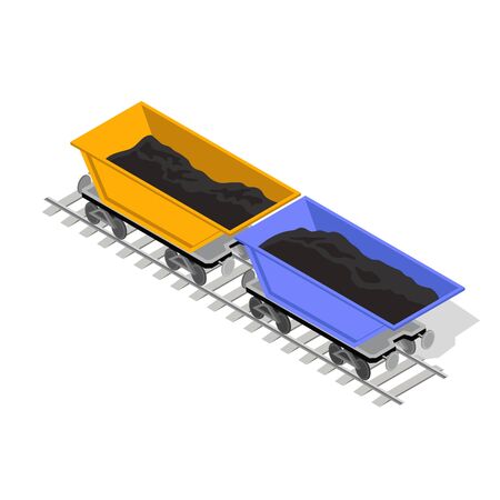 Two mine carts, rail-truck yellow and blue are on railway. Open top mine trolley with black materials ore or coal are ready to transportation to point of destination. Isometric vector on white.のイラスト素材