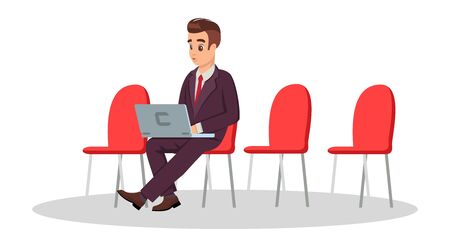 Young man in formal costume sitting on chair with laptop. Guy working in park, airport. Freelance, coworking concept. Businessman waiting for negotiation, job interview. Vector cartoon clipart.のイラスト素材
