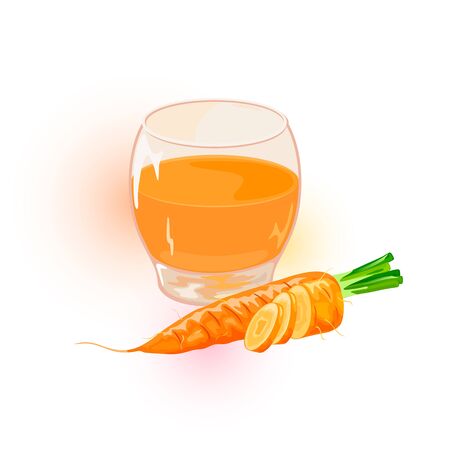 Orange ripe carrots, whole and cutted to disks are near glass of juice. Fresh vegetables and beverage in transparent cup. Natural healthy product illustration for packing, menu. Cartoon vector.のイラスト素材