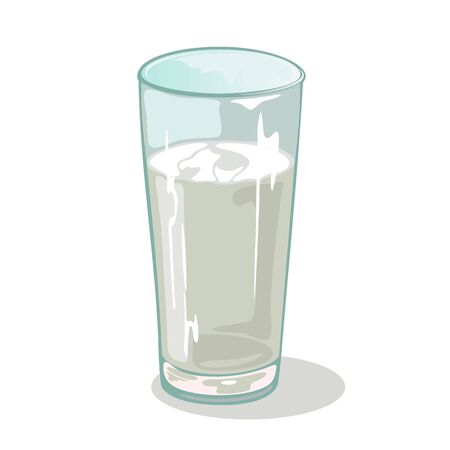 Long faceted glass cup with water. Drinking vessels. Transparent tableware with chemical or medical liquid. Drinkware with coconut or birch sirup, nectar, juice, sap. Cartoon vector on white.のイラスト素材