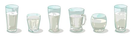 Vector set of different sized, shapes and heights glassware in line. Transparent cups, glasses, mugs with liquid. Drinkware assortment with water, beverage. Cartoon collection isolated on white.のイラスト素材