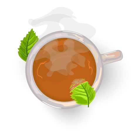 Herbal golden aromatic natural tea in porcelain white cup with smoke. Hot freshly brewed drink with leaves of mint. Top view. Vector cartoon illustration isolated on white background.のイラスト素材
