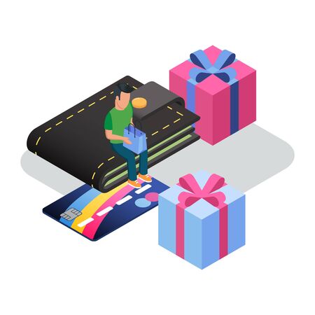 Man sitting on wallet among boxes with ribbons, entering PIN code, paying for goods, products, services. Card payment, online bank, shopping, e-commerce. Isometric vector illustration on white.のイラスト素材