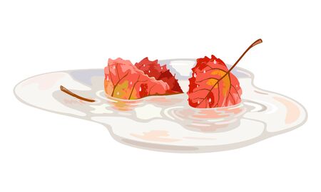 Multicolor leaves of aspen floating in raining puddle. Senescent plant in water. Melancholy, sadness because of finishing of summer vacation, warmth of the sun, good weather concept. Cartoon vector.のイラスト素材