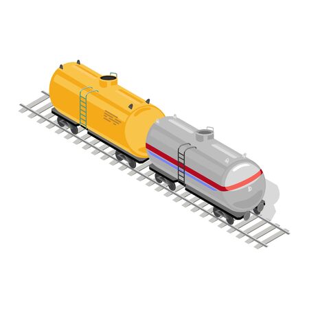 Two goods or freight wagons yellow and grey are on rail-track. Railway vehicles, railcars for transportation, transit of cargo, consignment. Vector isometric illustration isolated on white background.のイラスト素材