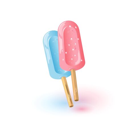 Two ice cream on sticks in blue and pink glaze with addition ingredients. Summer dessert for hot weather. Ice-blocks with different flavour. Cartoon vector illustration isolated on white background.のイラスト素材